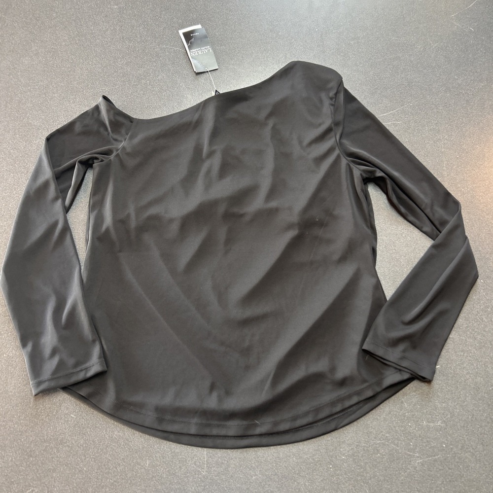 NWT Authentic RALPH LAUREN  Black One Shoulder Long Sleeve Top Petite L - Picture 9 of 10